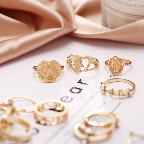 Image of 15 Pcs/set Vintage Women Hearts Fatima Hands Cross Crown Fashion Ring