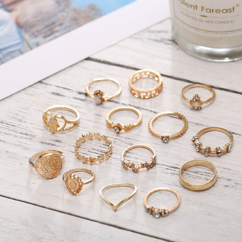 Image of 15 Pcs/set Vintage Women Hearts Fatima Hands Cross Crown Fashion Ring
