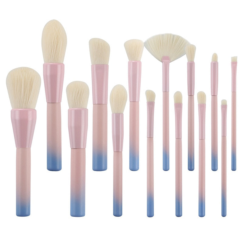 14pcs Pink Green Gradient Makeup Brushes Set