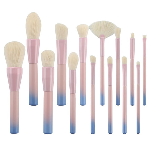 Image of 14pcs Pink Green Gradient Makeup Brushes Set