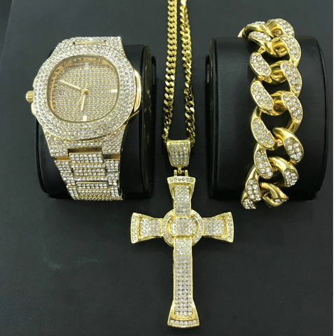 Image of Luxury Hip Hop Diamond Cross Jewelry Combo Set