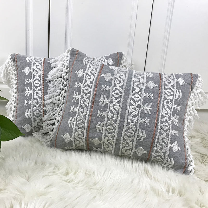 Linen Embroidery Cushion Cover Grey Blue Khaki Ethical Floral Pillow Case with Tassels For Sofa