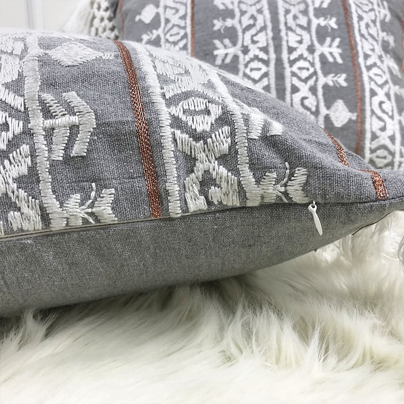 Linen Embroidery Cushion Cover Grey Blue Khaki Ethical Floral Pillow Case with Tassels For Sofa