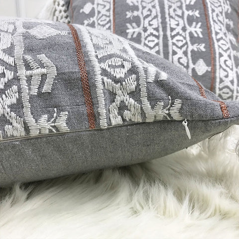 Image of Linen Embroidery Cushion Cover Grey Blue Khaki Ethical Floral Pillow Case with Tassels For Sofa