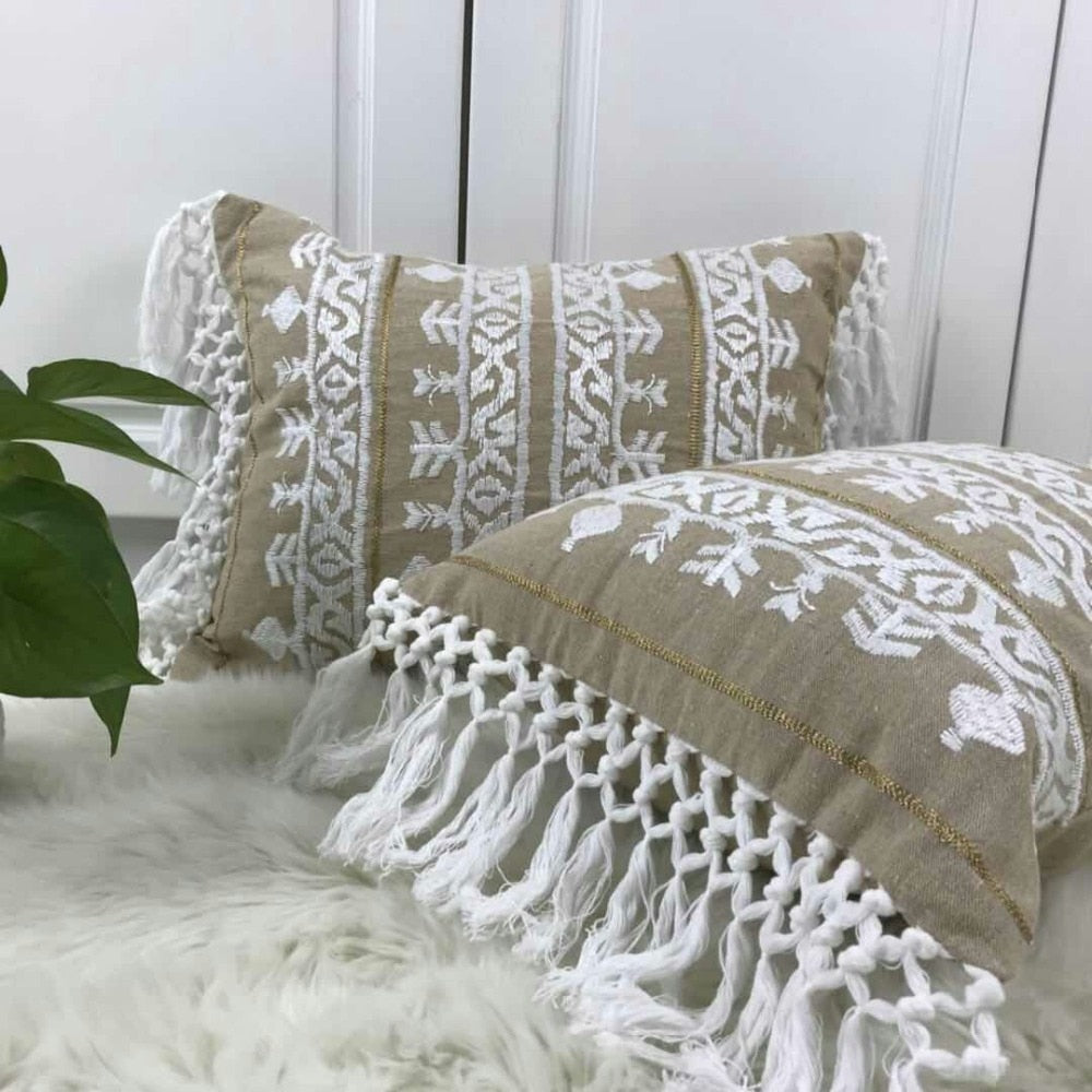 Linen Embroidery Cushion Cover Grey Blue Khaki Ethical Floral Pillow Case with Tassels For Sofa