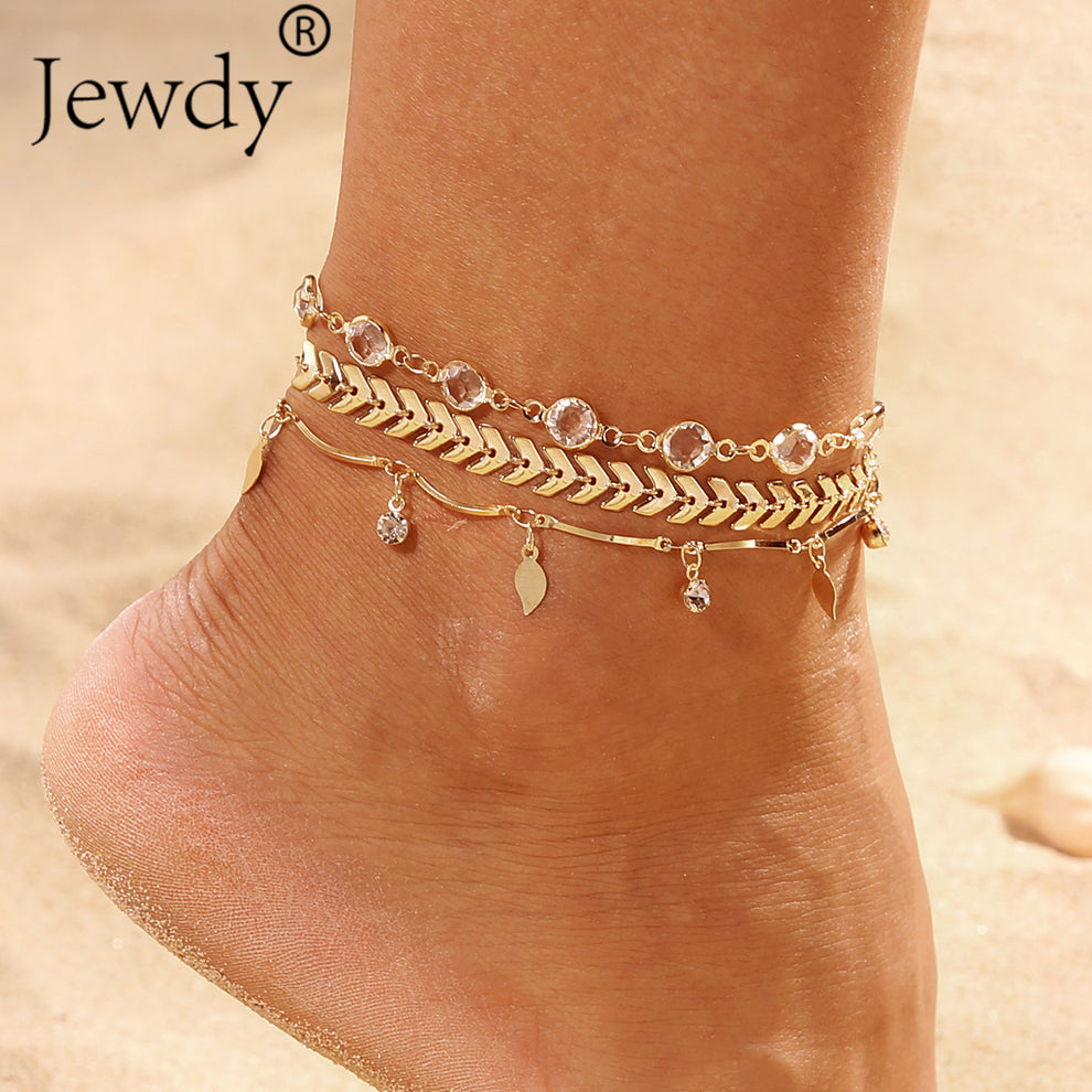 3PCS/SET Gold Color Crystal Star Female Anklets