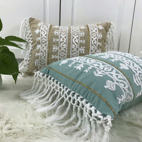 Image of Linen Embroidery Cushion Cover Grey Blue Khaki Ethical Floral Pillow Case with Tassels For Sofa