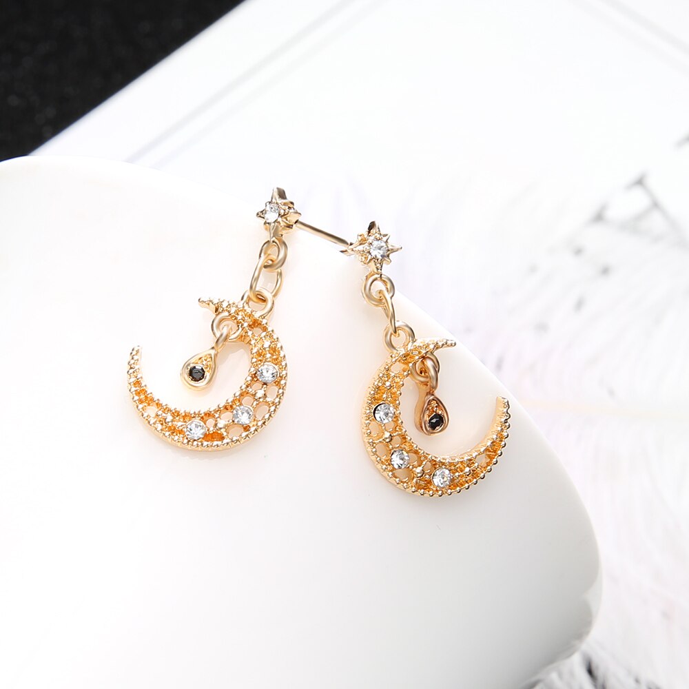 Cubic Zirconia Crystal Moon Star Earrings