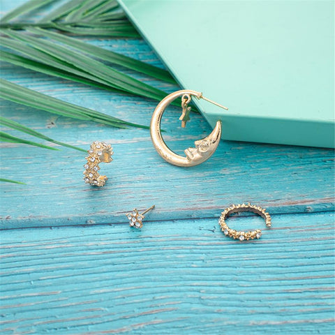 Image of 4 Pcs/set Bohemian Moon Star Crystal Stud Earrings