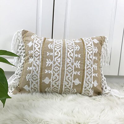 Image of Linen Embroidery Cushion Cover Grey Blue Khaki Ethical Floral Pillow Case with Tassels For Sofa