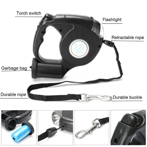 Image of 4.5M LED Flashlight Extendable Retractable Pet Dog Leash Lead with Garbage Bag