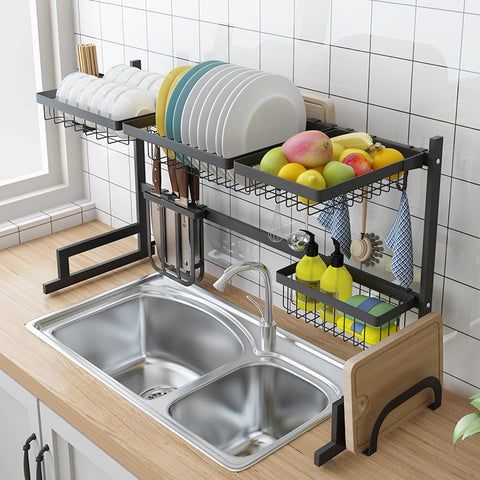 Image of Stainless Steel Sink Drain Rack Kitchen Shelf Two-story Floor Sink Sink Rack Dish Rack Kitchen Rack