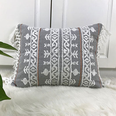 Linen Embroidery Cushion Cover Grey Blue Khaki Ethical Floral Pillow Case with Tassels For Sofa