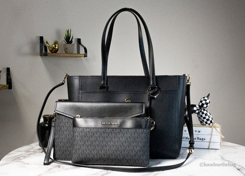 Image of Michael Kors Maisie Large Black Pebbled Leather 3-in-1 Multifunctional Crossbody Clutch Tote Bag