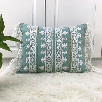 Linen Embroidery Cushion Cover Grey Blue Khaki Ethical Floral Pillow Case with Tassels For Sofa