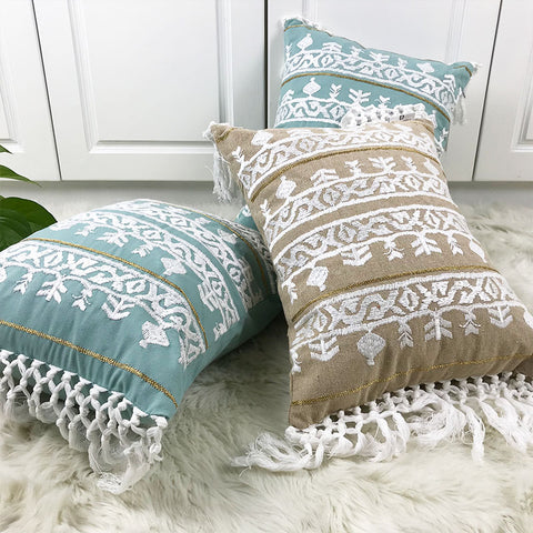 Image of Linen Embroidery Cushion Cover Grey Blue Khaki Ethical Floral Pillow Case with Tassels For Sofa