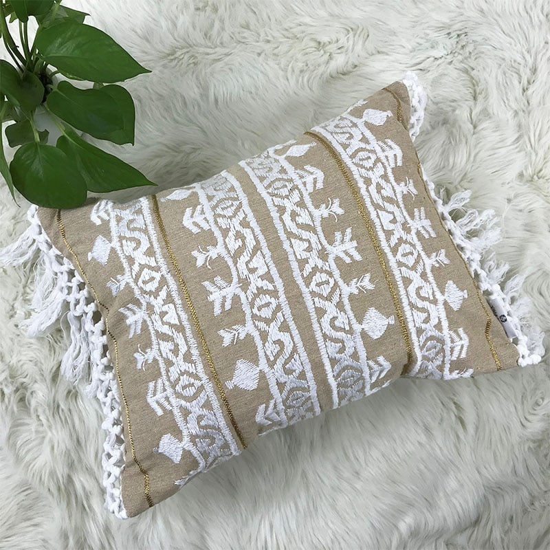 Linen Embroidery Cushion Cover Grey Blue Khaki Ethical Floral Pillow Case with Tassels For Sofa