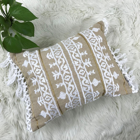 Image of Linen Embroidery Cushion Cover Grey Blue Khaki Ethical Floral Pillow Case with Tassels For Sofa