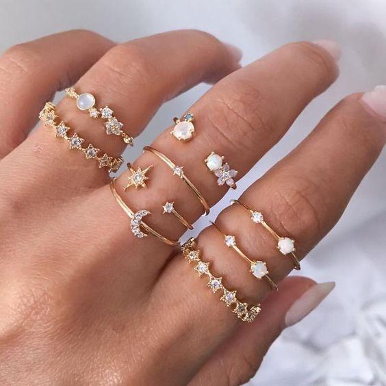 9 Piece Celestial Ring Set With Gemstone  Crystals 18K Gold Plated Ring Set