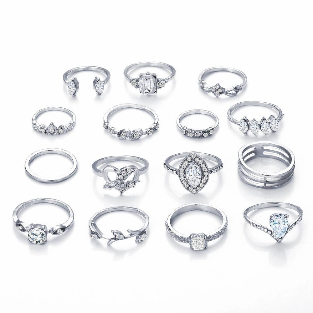 15 Piece Halo Pave Ring Set With Austrian Crystals 18K White Gold Plated Ring