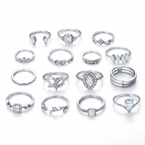 Image of 15 Piece Halo Pave Ring Set With Austrian Crystals 18K White Gold Plated Ring