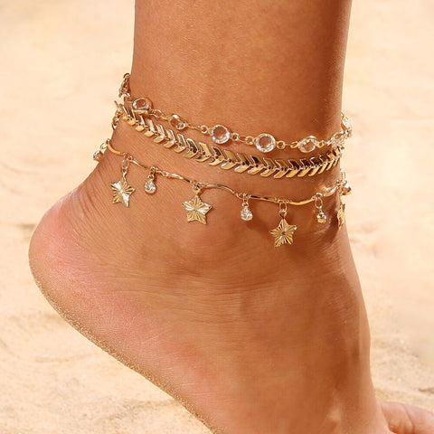 Image of 3PCS/SET Gold Color Crystal Star Female Anklets