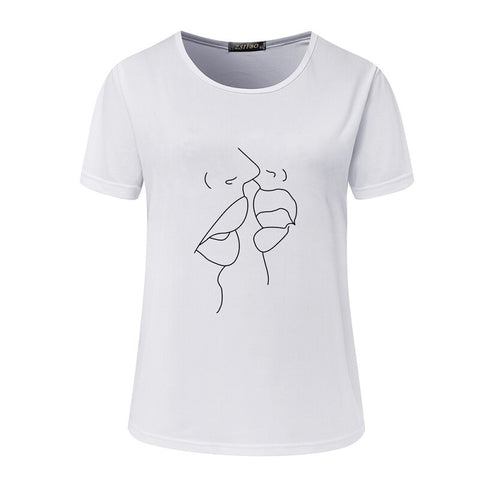 Image of Women White O Neck Graphic Funny Cute Kiss Pattern Shirt